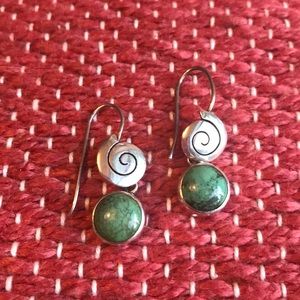 Spiral silver with jade green dangle earrings